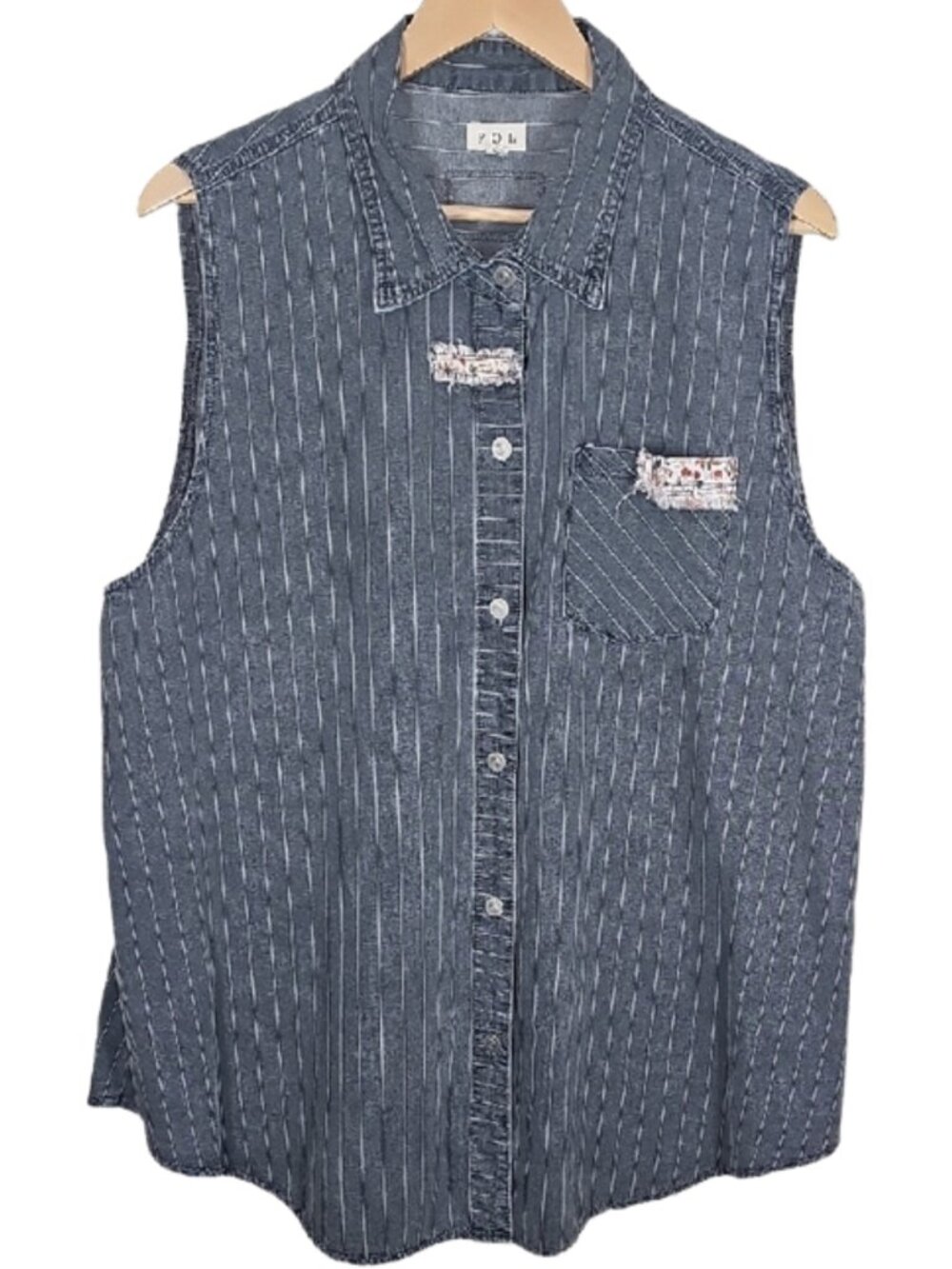 POL Sleeveless Denim Pinstripe Button-Down Shirt L Gray Floral Patch Boho Cotton